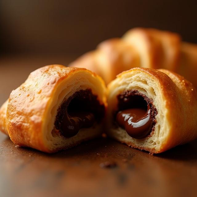 A pain au chocolat cut in half to show the melted chocolate inside.